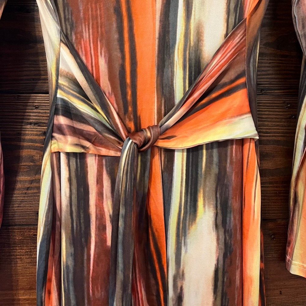 Abstract Stripe Maxi Dress Womens XL Orange Brown Long Sleeve Boho 70s Artsy - Picture 9 of 10